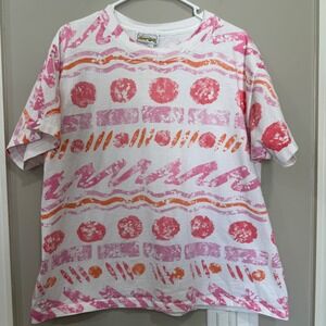 Vintage Jacques‎ Moret Graphic T-Shirt Abstract Print One Size Orange Pink Retro